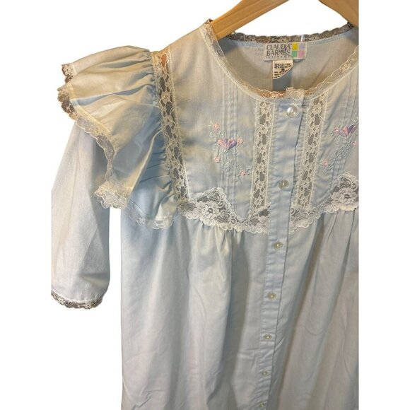 Vintage Claudia Barnes Nightgown Ruffled Lace Smocking Blue Button Front Size M - Picture 5 of 10